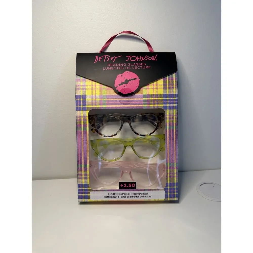Betsey Johnson Reading Glasses 3 Pack +2.50 Cat Eye Tortoise Green Pink New NIB